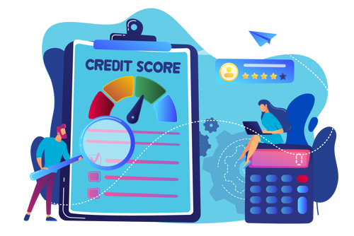 Women with calculator and man with clipboard displaying the word "Credit Score"