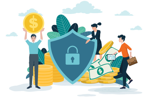 man holding money next to shield with lock icon
