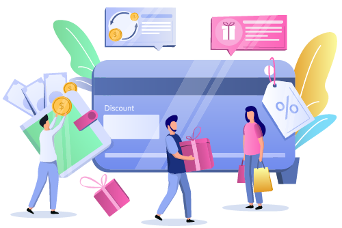 illustration of people making purchases with oversized credit card