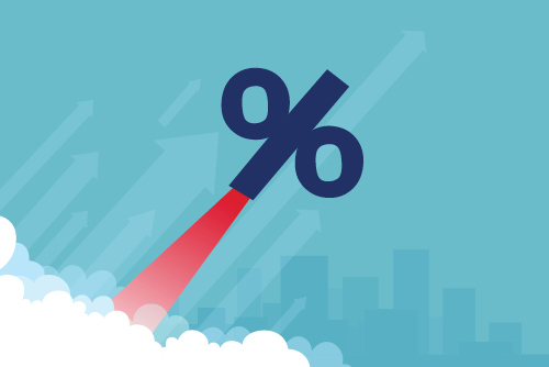 A percentage sign symbolizing rates and stocks shooting upwards
