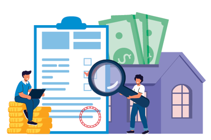 Animated image of one person sitting on coins looking at laptop and another person with a alrge magnifying glass looking at a mortgage application in front of a house with money coming out of it.