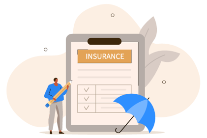 Graphic of a man holding a pencil at a large clipboard that says, "Insurance".