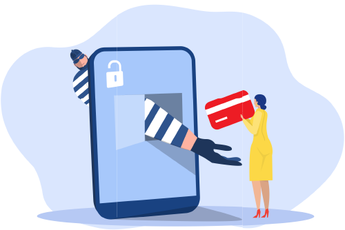 illustration of arm coming through phone screen to grab credit card