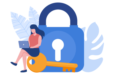 Animated image of a woman on a laptop sitting on a key in front of a giant lock.