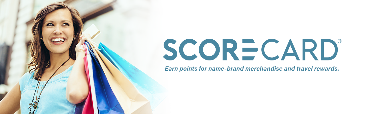 Female with shopping bags. Page header that says ScoreCard Rewards