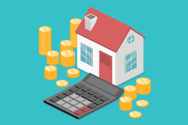 Graphic of a house surrounded by giant coins and a calculator.