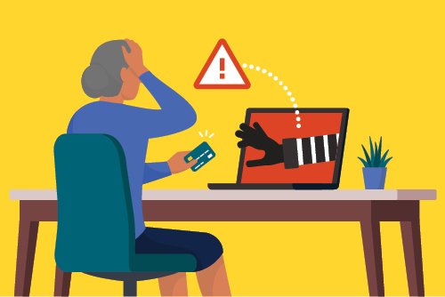 Illustration of woman getting card information stolen through computer screen