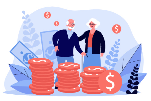 Illustration of an elderly couple surrounded by stacks of money