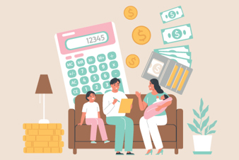 Graphic of a family sitting on a couch with a giant calculator, coins and dollar bills floating around them.