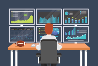 A graphic of a man watching multiple screens with different graphs on them, with a football on the desk beside him.