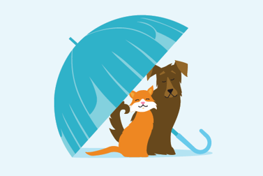 Graphic of an orange and white cat and a brown dog smiling together under a blue umbrella.