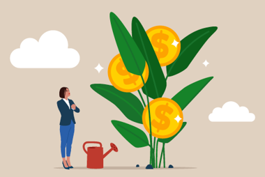 Graphic of a hopeful woman with a watering can at her feet staring up at a giant plant growing large coins.