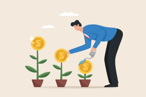 illustration of man watering flowers that bloom as coins