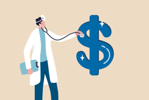Graphic of a doctor using a stethoscope on a dollar sign.