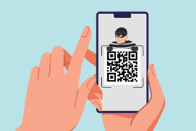Graphic of a person holding a phone that shows a QR code with a robber hiding behind it.