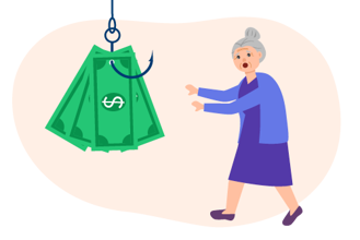 Animated graphic of an elderly woman chasing money attached to a fishing hook.