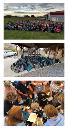 Collage of 3 photos. The top photo is a group photo of all Banktoberfest participants holding the backpacks. The middle photo is of all the backpacks grouped together. The bottom photo is an action shot of F&M Trust employees packing the backpacks.