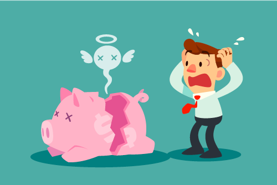 Graphic of a man panicking at the sight of his dead piggy bank cracked in half.