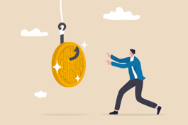 Graphic of a man chasing a giant coin on a hook.