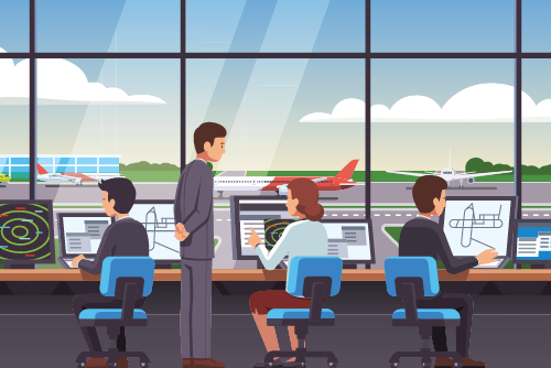 Illustration of people in an airplane control room.